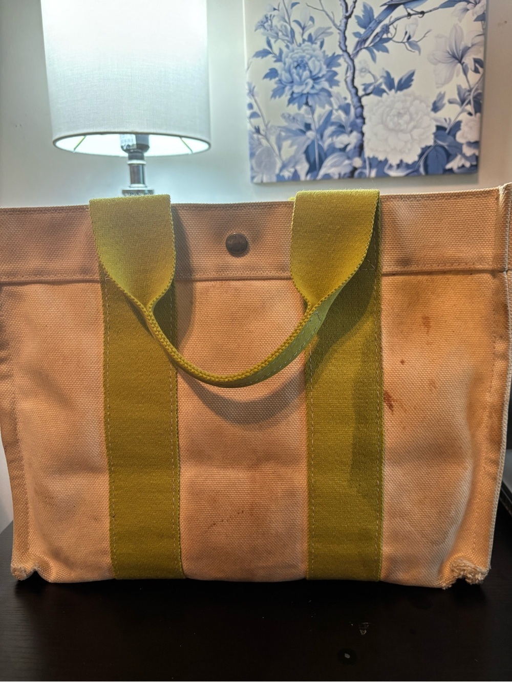 Authentic Hermès Bora Bora Canvas Tote – Beige/Lime Green – PM Size